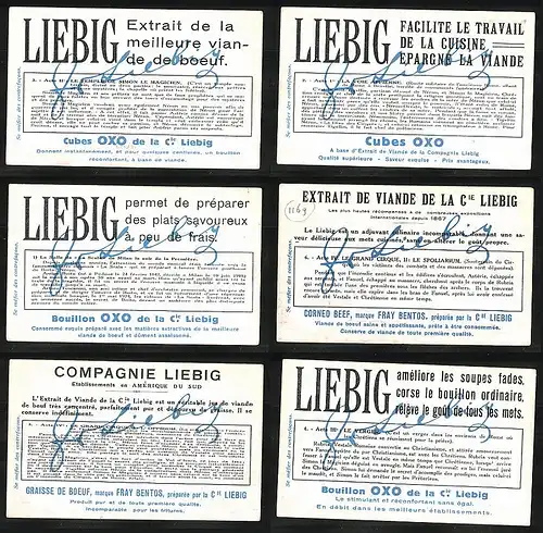 6 Sammelbilder Liebig, Serie Nr.: 1169, Néron Opera de Boito, Theater, Feuer, Tempel, Soldaten, Toscanini, Arrigo Boito
