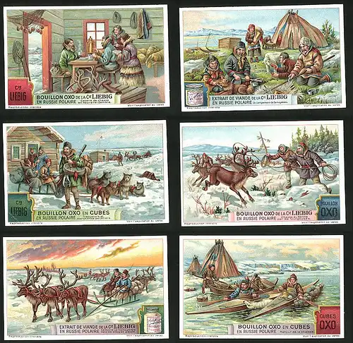 6 Sammelbilder Liebig, Serie Nr.: 1218, En Russie Polaire, Schnee, Kanu, Hirsch, Fangen, Wölf, Schlitten, Eisbär