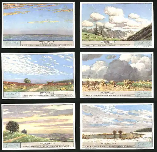 6 Sammelbilder Liebig, Serie Nr.: 1281, Wolken, Stratus, Nimbus, Cumulo, Cirro-Cumulus