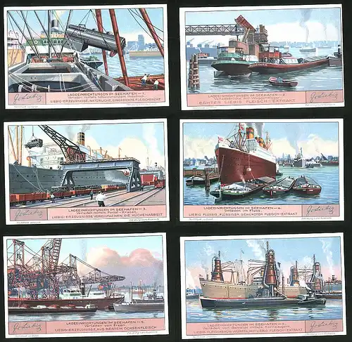 6 Sammelbilder Liebig, Serie Nr.: 1256, Ladeeinrichtungen im Seehafen, Dampfer, Kornsauger, Erzen, Umladen, Verladen