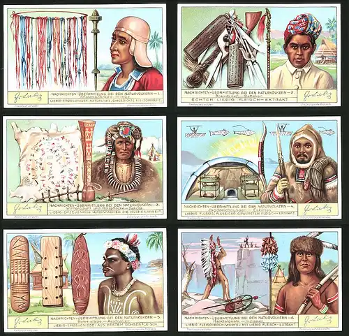6 Sammelbilder Liebig, Serie Nr.: 1266, Nachrichten übermitteln bei den Naturvölkern, Indianer, Australier, Eskimos