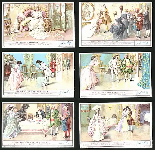 6 Sammelbilder Liebig, Serie Nr.: 1323. Der Rosenkavalier, Oktavian, Prinzessin, Liebe, Sophie, Rose, Baron, Ochs