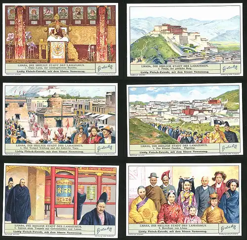 6 Sammelbilder Liebig, Serie Nr.: 1320, Lhasa, Die heilige Stadt des Lamaismus, Bewohner, Tempel, Kloster, Pilgerzug