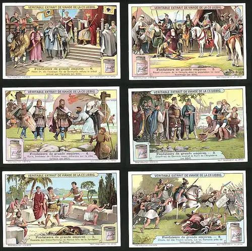 6 Sammelbilder Liebig, Serie Nr.: 1139, Fondateurs de grands empires, Soldat, Pferd, Langwaffe, Wikinger, Schwert