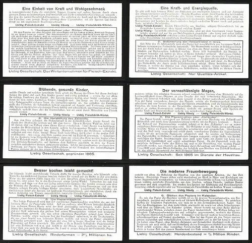 6 Sammelbilder Liebig, Serie Nr.: 1257, Das Papier, Glätten, Papiermaschine, Holländer, Zellstoffes, Holzschnitzel