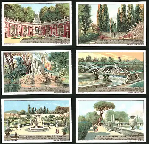 6 Sammelbilder Liebig, Serie Nr.: 1240, Italienische Gärten, Bagnaia, Castello, Caserta, Pratolino, Frascati, Appennio