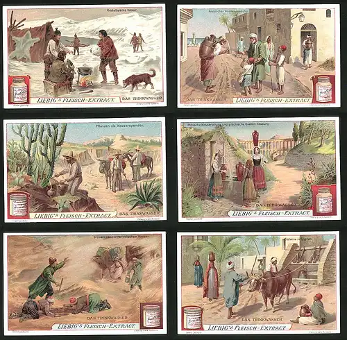 6 Sammelbilder Liebig, Serie Nr. 876: Das Trinkwasser, Arabischer Wasserverkäufer, Eskimos, Ägypten