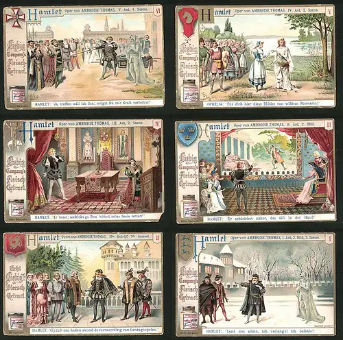 6 Sammelbilder Liebig, Serie Nr. 638: Hamlet, Adel, Mittelalter, Burg, Shakespeare