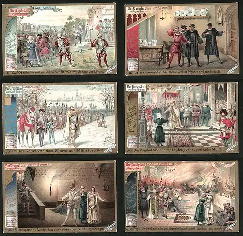 6 Sammelbilder Liebig, Serie Nr. 528: Der Prophet von Meyerbeer, Adel, Johann von Leyden, Armee
