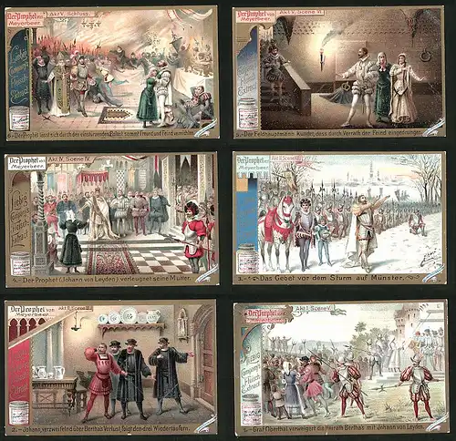 6 Sammelbilder Liebig, Serie Nr. 528: Der Prophet von Meyerbeer, Palast, Armee, Mittelalter