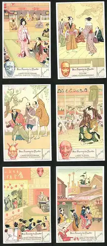 6 Sammelbilder Liebig, Serie Nr. 1284: Das Japanischen Theater, Kimono, Geisha, Masken