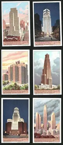 6 Sammelbilder Liebig, Serie Nr. 1317: Amerikanische Hochhäuser, New York, Buffalo, Pittsburg, Chicago
