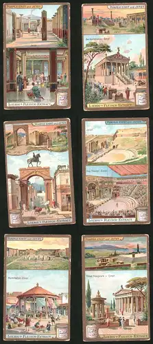 6 Sammelbilder Liebig, Serie Nr.: 861, Pompeji Einst und Jetzt, Markthalle, Theater, Apollotempel, Forum Triangulare