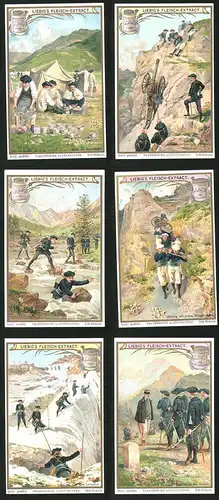 6 Sammelbilder Liebig, Serie Nr. 738: Französische Alpentruppen, Militär, Kanone, Berge