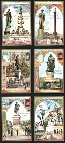 6 Sammelbilder Liebig, Serie Nr. 637: Denkmäler berühmter Seefahrer und Seehelden, Columbus, London, Wien