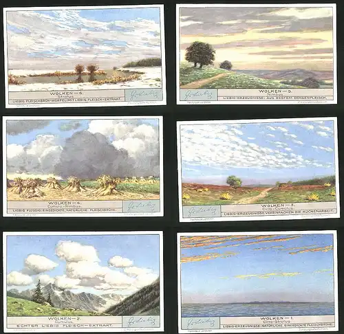 6 Sammelbilder Liebig, Serie Nr. 1281: Wolken, Stratus, Cumulus, Nimbus, Landschaften