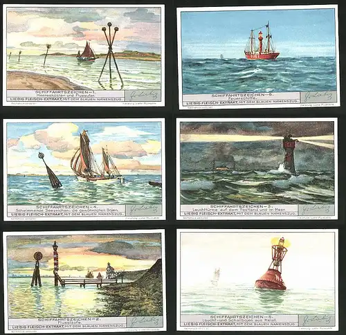 6 Sammelbilder Liebig, Serie Nr. 1343: Schiffahrtszeichen, Bojen, Leuchtturm, Feuerschiffe, Fluss, Meer