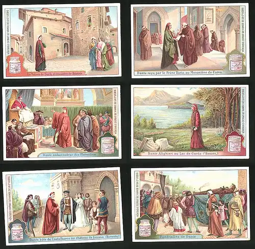 6 Sammelbilder Liebig, Serie Nr. 1116: Dante, Mittelalter, Beerdigung, Tod, Gardasee