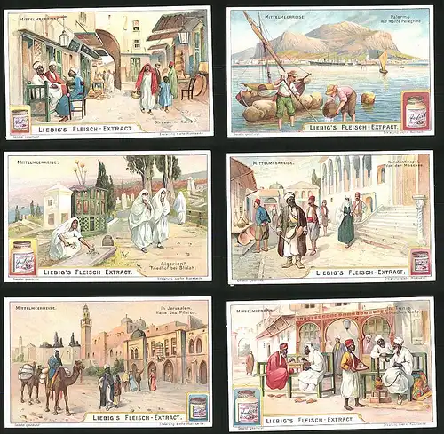 6 Sammelbilder Liebig, Serie Nr.: 874, Mittelmeerreise, Moschee, Konstantinope, Tunis, Jerusalem, Kairo