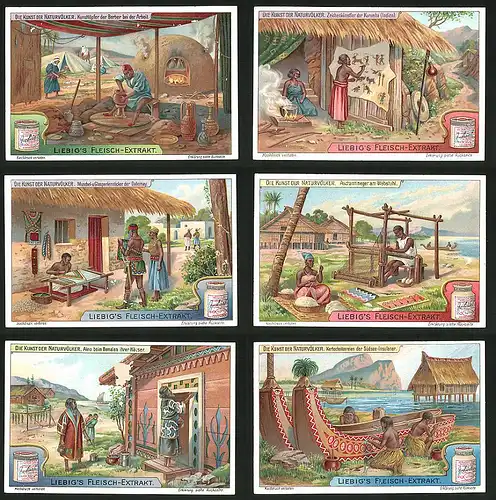 6 Sammelbilder Liebig, Serie Nr.: 1085, Die Kunst der Naturvölker, Indien, Berber, Südsee, Malerei
