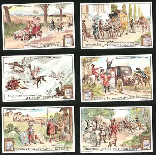 6 Sammelbilder Liebig, Serie Nr.: 797, Strassenbilder verschiedener Zeiten, Mittelalter, Englische, Alpenstrasse, Zollhaus