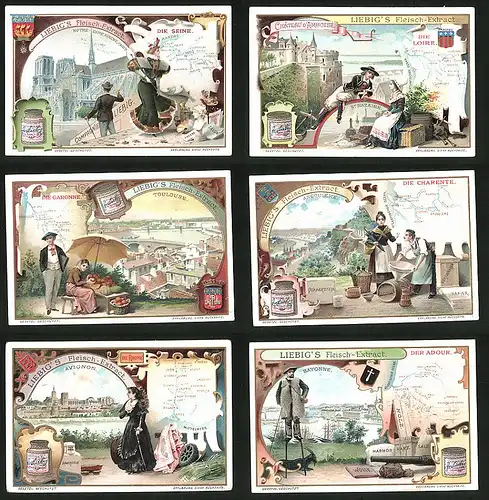 6 Sammelbilder Liebig, Serie Nr.: 733, Ströme Frankreichs, Adour, Rhone, Charente, Toulouse, Loire, Seine