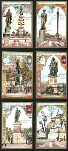 6 Sammelbilder Liebig, Serie Nr. 637: Denkmäler berühmter Seefahrer und Seehelden, Columbus, Wien, London, Tegett