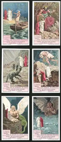 6 Sammelbilder Liebig, Serie Nr. 1225: Dante - Die Göttliche Komödie, Luzifer, Hölle, Minotaurus, Cerberus