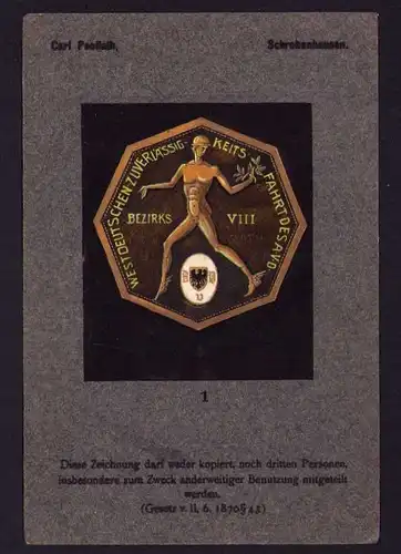 Handzeichnung / Ansichtskarten-Entwurf Carl Poellath, A.V.D. Westdeutsche Zuverlässigkeits Fahrt mit Wappen, Hermes