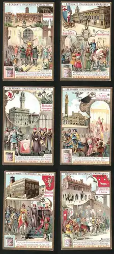 6 Sammelbilder Liebig, Serie Nr.: 859, Berühmte Italienische Rathäuser, Piacenza, Perugia, Siena, Florenz, Bologna