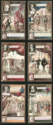 6 Sammelbilder Liebig, Serie Nr.: 871, Berühmte Tragödien, König Lear, Athalie, Philipp II., Nora