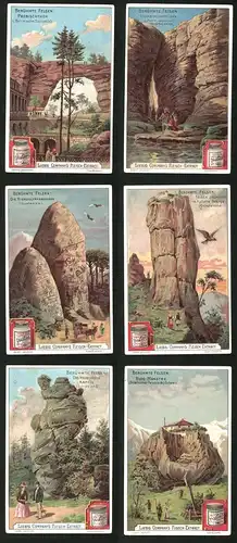 6 Sammelbilder Liebig, Serie Nr.: 710, Berühmte Felsen, Schweiz, Schlesien, Griechenland, Guatemala, Böhmische Schweiz