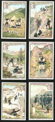 6 Sammelbilder Liebig, Serie Nr.: 738, Französische Alpentruppen, GRenze, Gletscher, Marsch, Alpenjäger