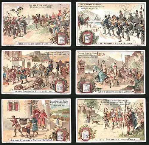 6 Sammelbilder Liebig, Serie Nr.: 682, Von den Ufern des Rheins, Germanen, Römer, Karl der Grosse, Ritter, Franzosen