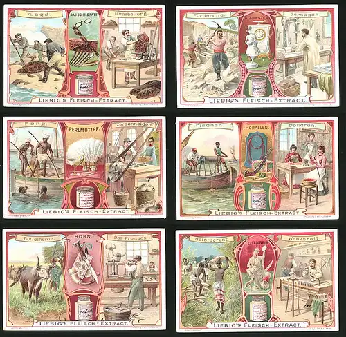 6 Sammelbilder Liebig, Serie Nr.: 855, Handwerk, , Jagd, Perlmutt, Büffel, Horn. Alabaster, Schildpatt