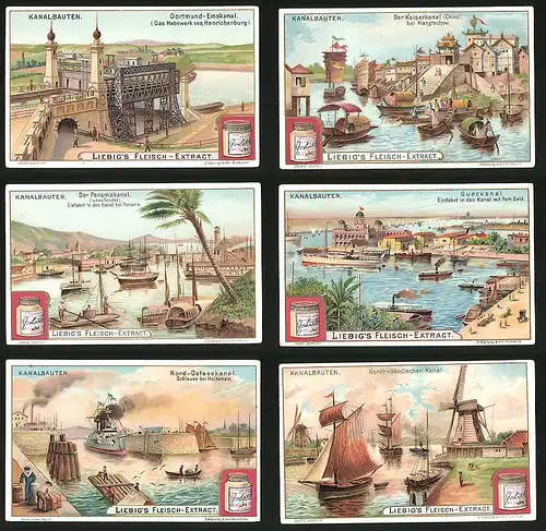 6 Sammelbilder Liebig, Serie Nr.: 722, Kanalbauten, Kaiserkanal, China, Panamakanal, Dampfschiffe, Suezkanal