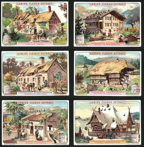 6 Sammelbilder Liebig, Serie Nr.: 807, Europäische Bauernhäuser, Schweiz, England, Frankreich, Russland, Italien, Kuh