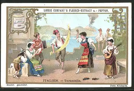Sammelbild Liebig, Fleisch-Extrakt und Pepton, Italien, Tarantella, tanzendes Paar