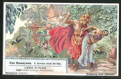 Sammelbild Liebig, Fleisch-Extrakt und Pepton, Das Ramayana, Nr. 2, Ravana raubt die Sita