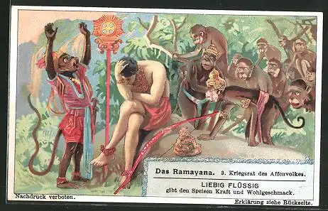 Sammelbild Liebig, Fleisch-Extrakt und Pepton, Das Ramayana, Nr. 3, Kriegsrat des Affenvolkes