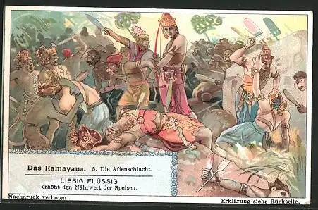 Sammelbild Liebig, Fleisch-Extrakt und Pepton, Das Ramayana, Nr. 5, Szene der Affenschlacht