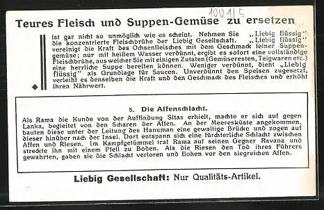 Sammelbild Liebig, Fleisch-Extrakt und Pepton, Das Ramayana, Nr. 5, Szene der Affenschlacht