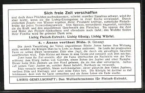 Sammelbild Liebig, Fleisch-Extrakt und Pepton, Die Äneide, I. Teil, Nr. 4, Äneas verlässt Dido