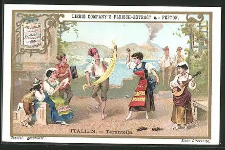 Sammelbild Liebig, Fleisch-Extrakt und Pepton, Italien, Tarantella, tanzendes Paar