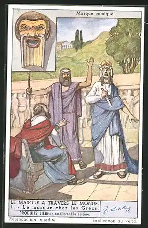 Sammelbild Liebig, Fleisch-Extrakt und Pepton, Masque Comique, Szene mit Maske