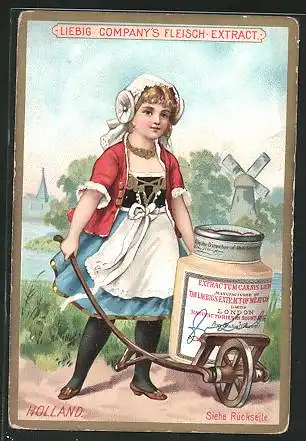 Sammelbild Liebig, Fleisch-Extrakt, Niederländische Frau im Trachtenkleid mit Windmühle im Hintergrund