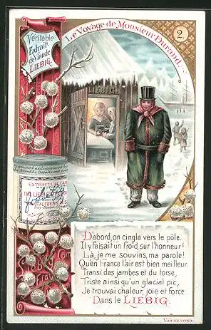 Sammelbild Liebig, Fleisch-Extrakt, Le Voyage de Monsieur Durand, Mann im Schnee mit Schiff im Hafen