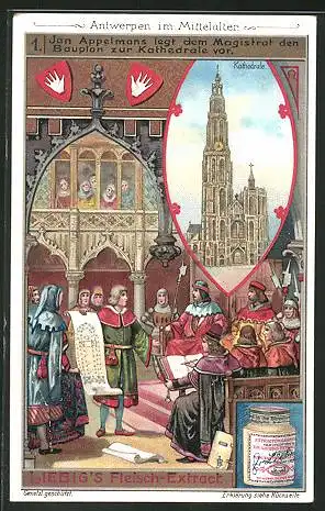 Sammelbild Liebig, Fleisch-Extrakt, Antwerpen im Mittelalter, Kathedrale, Wappen