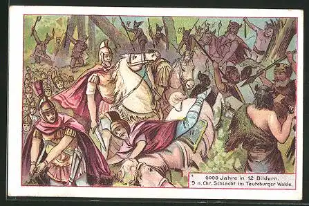 Sammelbild Kammerers Moment Wäschereiniger, 6000 Jahre in 12 Bildern, Schlachtszene im Teutoburger Wald 9 n. Chr.