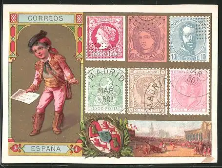 Sammelbild Magasin Wille-David, Correos Espana, Stierkampf, Briefmarken